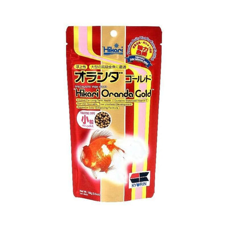 Hikari Oranda Gold Mini fish food package for enhanced growth and coloration in fancy goldfish.