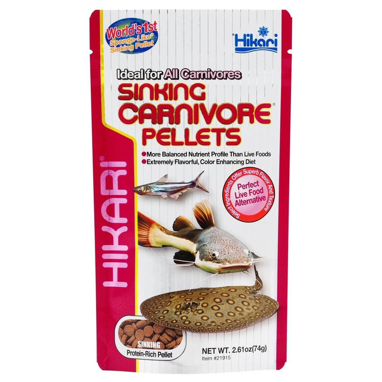 Hikari Sinking Carnivore Pellets packaging featuring aquatic carnivores and highlighting protein-rich formula for optimal nutrition.