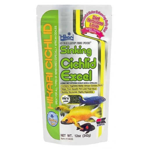 Hikari Sinking Cichlid Excel Mini fish food package, ideal for herbivorous cichlids and tropical fish, 12oz size.