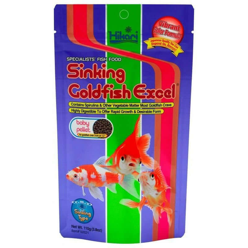 Hikari Sinking Goldfish Excel Baby 110g bag featuring vibrant colors, ideal diet for goldfish over 3cm, highly digestible pellets.