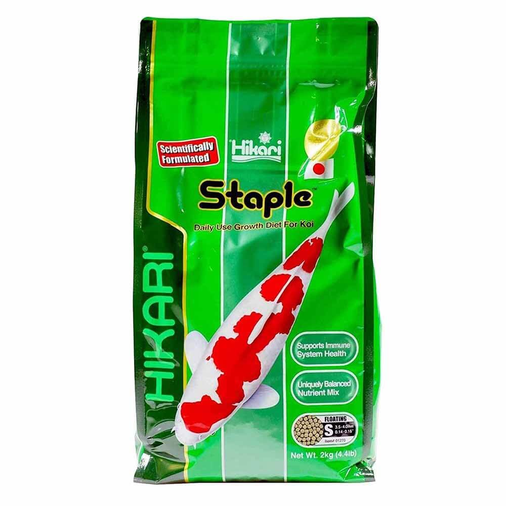 Hikari Staple Goldfish and Koi Food bag featuring premium ingredients for optimal growth and health.