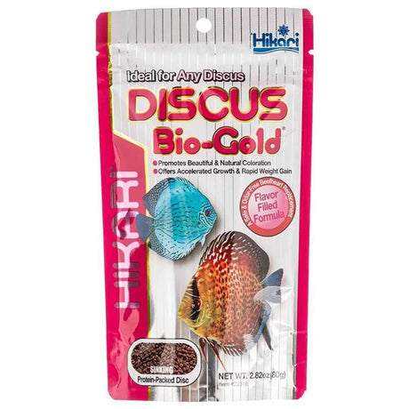 Hikari Tropical Discus Bio Gold 80g packaging featuring colorful discus fish, promoting natural coloration and growth for tropical fish.