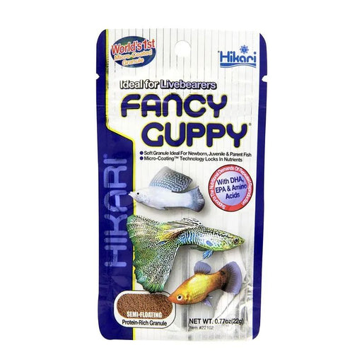 Hikari Tropical Fancy Guppy 22g packaging, ideal diet for all livebearers, featuring soft granules and protein-rich formula.