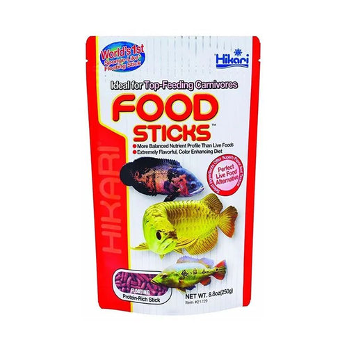 Hikari Tropical Food Sticks 250g packaging for top-feeding carnivorous fish, promoting health and vibrant colors.