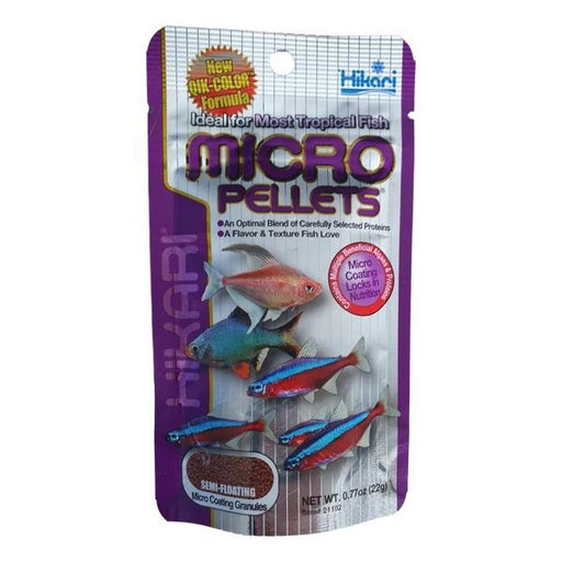 Hikari Tropical Micro Pellets packaging featuring small tropical fish, labeled as ideal for enhancing fish nutrition.