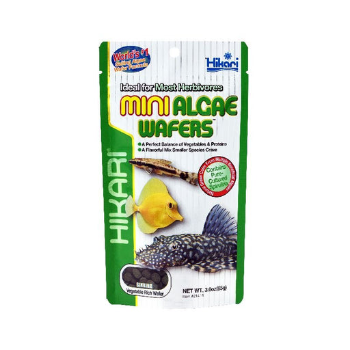 Hikari Tropical Mini Algae Wafers package featuring herbivorous fish food optimized for plecostomus and algae eaters.