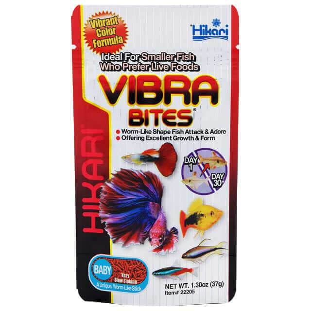 Hikari Vibra Bites bloodworm-shaped pellets for fish, designed for growth, immune support, and color enhancement.