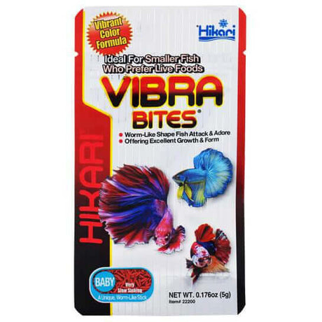 Hikari Vibra Bites packaging, bloodworm-shaped pellets for small fish, promoting growth and vibrant colors.