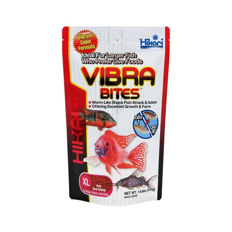 Hikari Vibra Bites bloodworm-shaped pellets packaging for fish, promoting growth and color enhancement in larger fish.