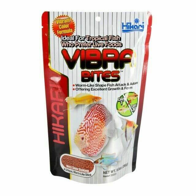 Hikari Vibra Bites bloodworm-shaped pellets packaging for tropical fish, promoting growth and vibrant color enhancement.
