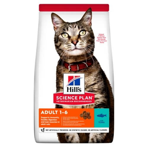 Hill's Science Plan Adult Cat Food Tuna Flavor bag with a tabby cat, promoting optimal health for adult cats 1-7 years old.