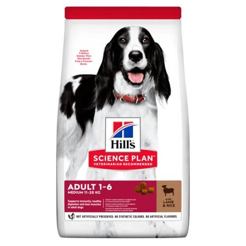 Hill's Science Plan Adult Medium Dog Food with Lamb and Rice flavor, designed for medium dogs aged 1-6 years.