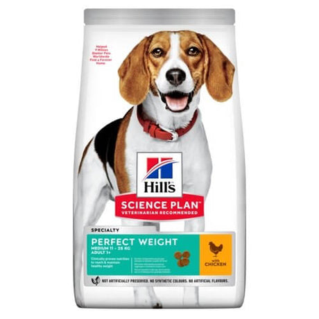Hill's Science Plan Perfect Weight Medium Dog Food with Chicken flavor, 12kg bag featuring a happy Beagle.
