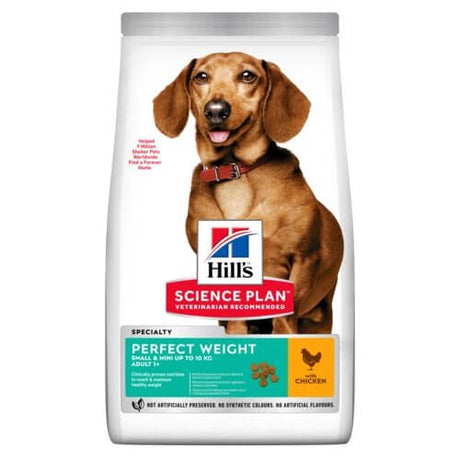 Hill's Science Plan Adult Perfect Weight Small & Mini Chicken Flavour dog food bag with a happy dog on the label.