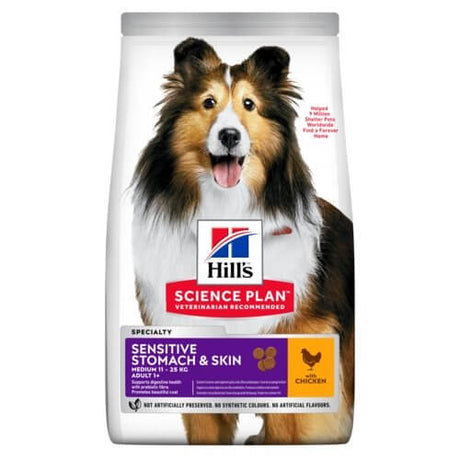 Hill's Science Plan Adult Sensitive Stomach & Skin dog food bag, 12kg, chicken flavor for medium breed dogs.