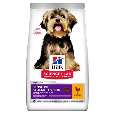 Hill's Science Plan Sensitive Stomach & Skin dog food for small breeds, chicken flavor, 1.5kg, promoting gentle digestion and skin health.