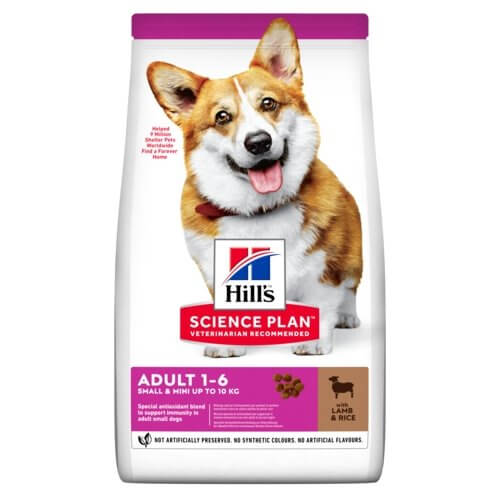 Hill's Science Plan Adult Small & Mini Lamb & Rice dog food bag with a happy corgi in front.