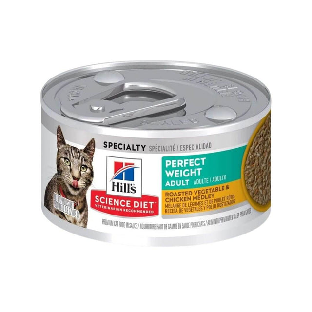 Hill's Science Plan Perfect Weight adult cat food can, featuring roasted chicken and vegetables for balanced nutrition, 79g.