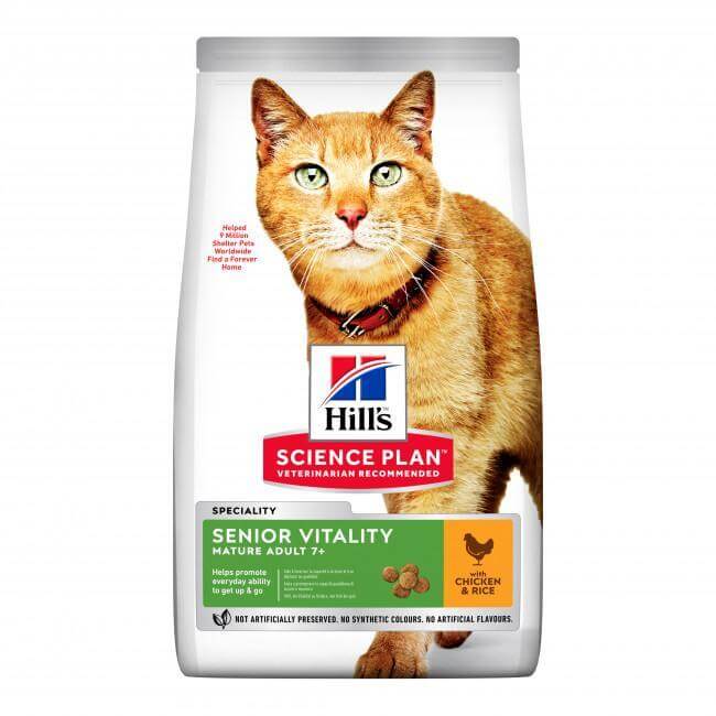 Hill's Science Plan Senior Vitality cat food for mature cats with chicken, supporting health and vitality for aging felines.