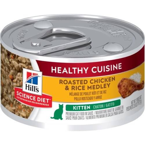 Hill's Science Diet Healthy Cuisine Roasted Chicken & Rice Medley canned cat food for kittens, 79g packaging.