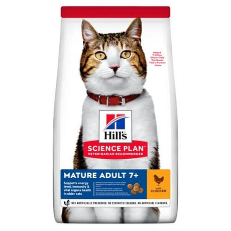 Hill's Science Plan Mature Cat Food Chicken Flavour packaging, designed for cats aged 7 years and older, supports health and vitality.