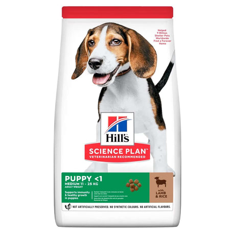 Hill's Science Plan Puppy Medium Lamb Flavour dog food bag with beagle, supports immunity and healthy growth in puppies.