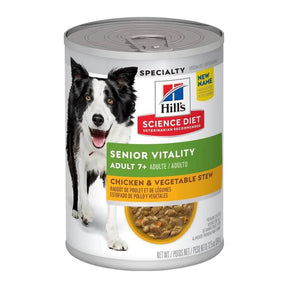 Hill's Science Plan Senior Vitality Chicken and Vegetable Stew 354g can for dogs, promoting health and vitality in older pets.
