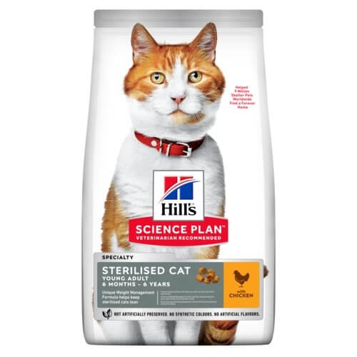 Hill's Science Plan Young Adult Sterilised Cat Food Chicken Flavour 3kg bag featuring a healthy cat.