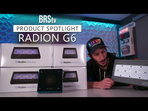 Product spotlight on Radion G6 LED lights, showcasing Radion XR30 Blue, XR15 Blue, and XR30 Pro fixtures.