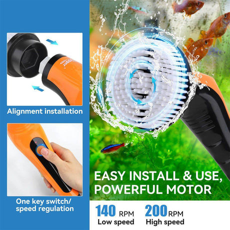 Hygger Aquarium 6 in 1 Electric Cleaning Brush demonstrating easy installation, powerful motor, and speed regulation for efficient cleaning.