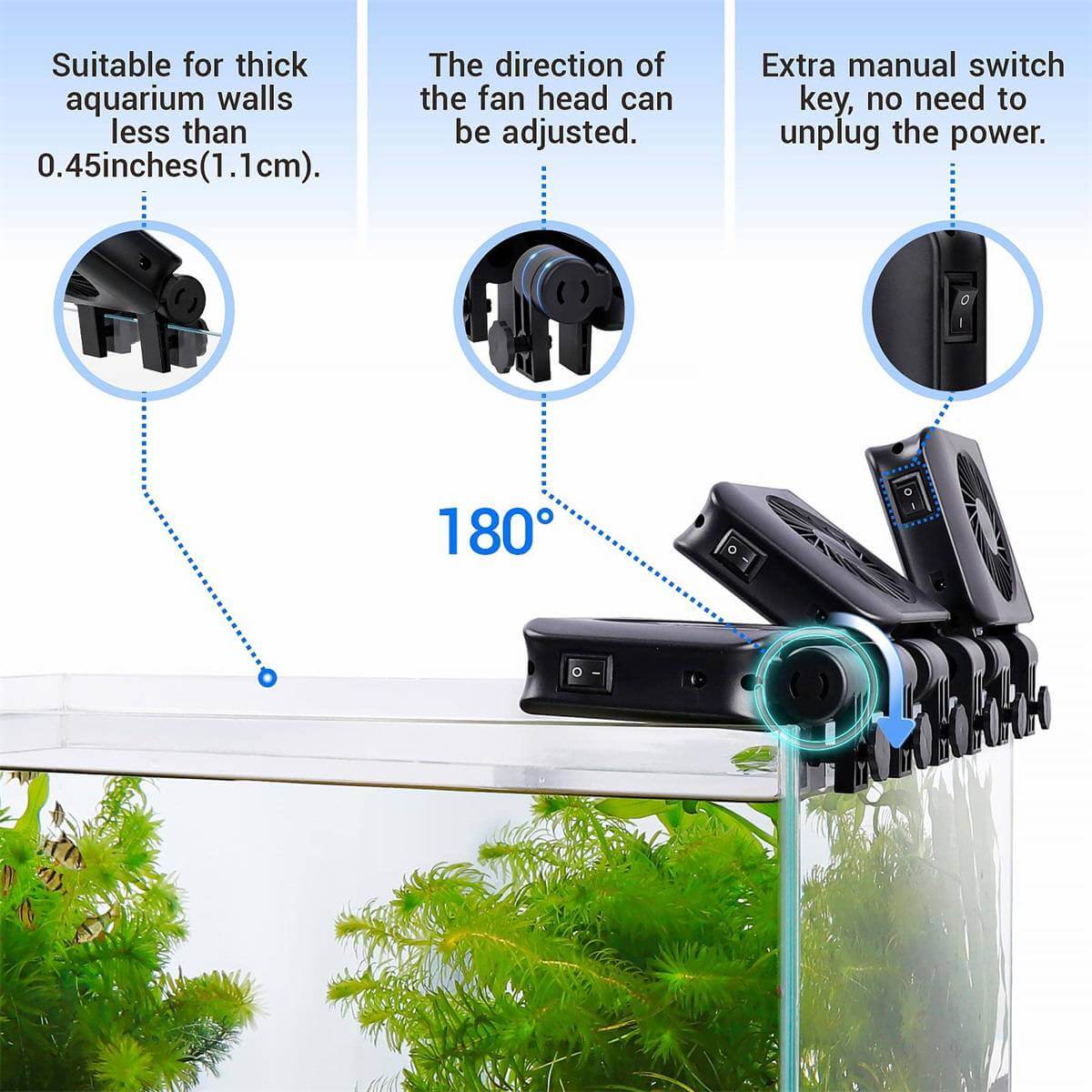 Hygger Aquarium Cooling Fans with adjustable head direction, manual switch, and suitable for thick aquarium walls.