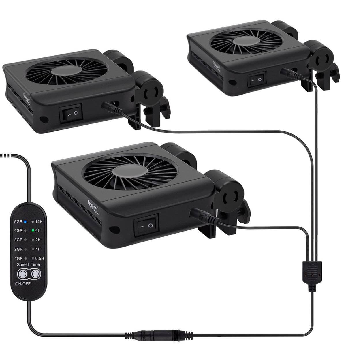 Hygger Aquarium Cooling Fans with controller for optimal temperature maintenance in aquariums, featuring three fans and adjustable settings.