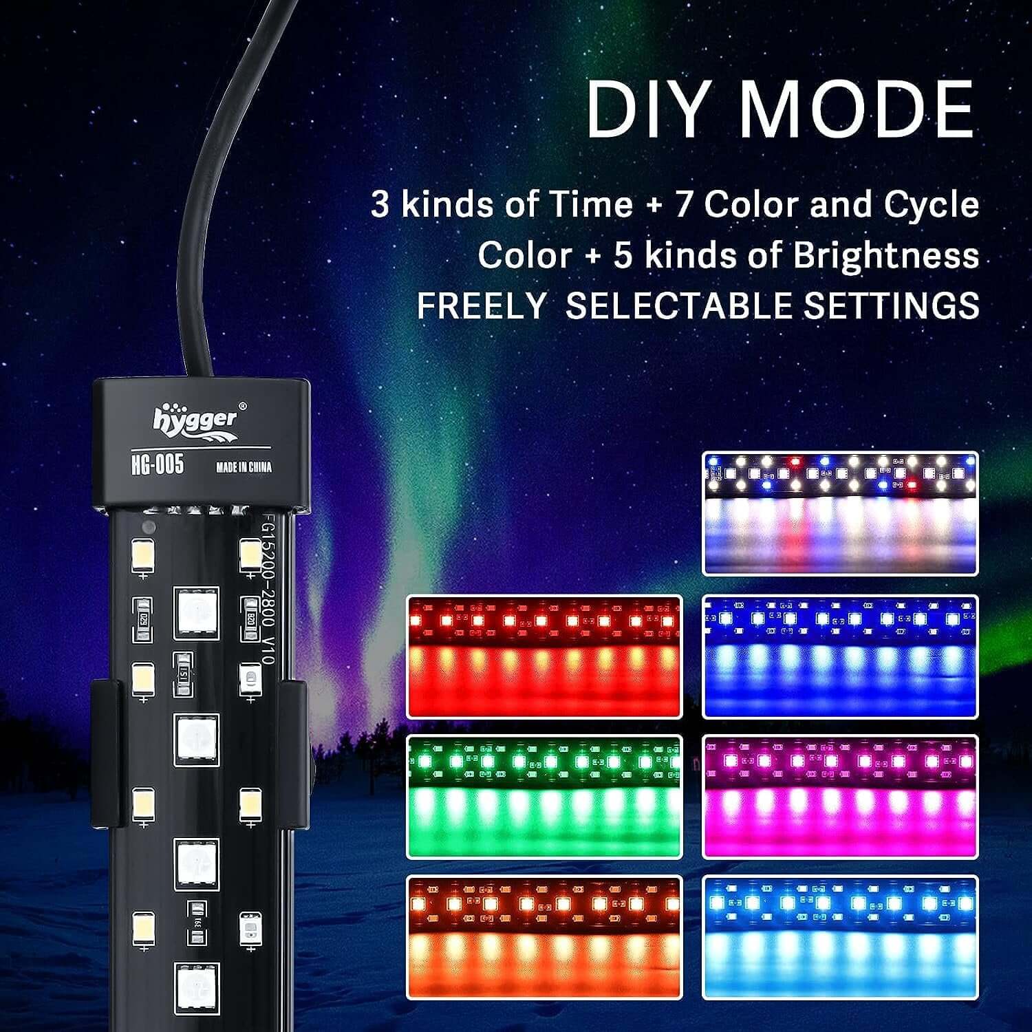 Hygger Aquarium LED Light controller showcasing DIY mode settings with various color options and brightness levels.