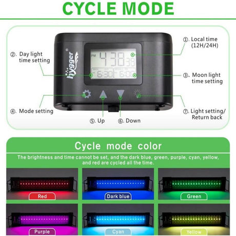 Hygger aquarium LED light control panel showing cycle mode settings and vibrant color options for optimal lighting.