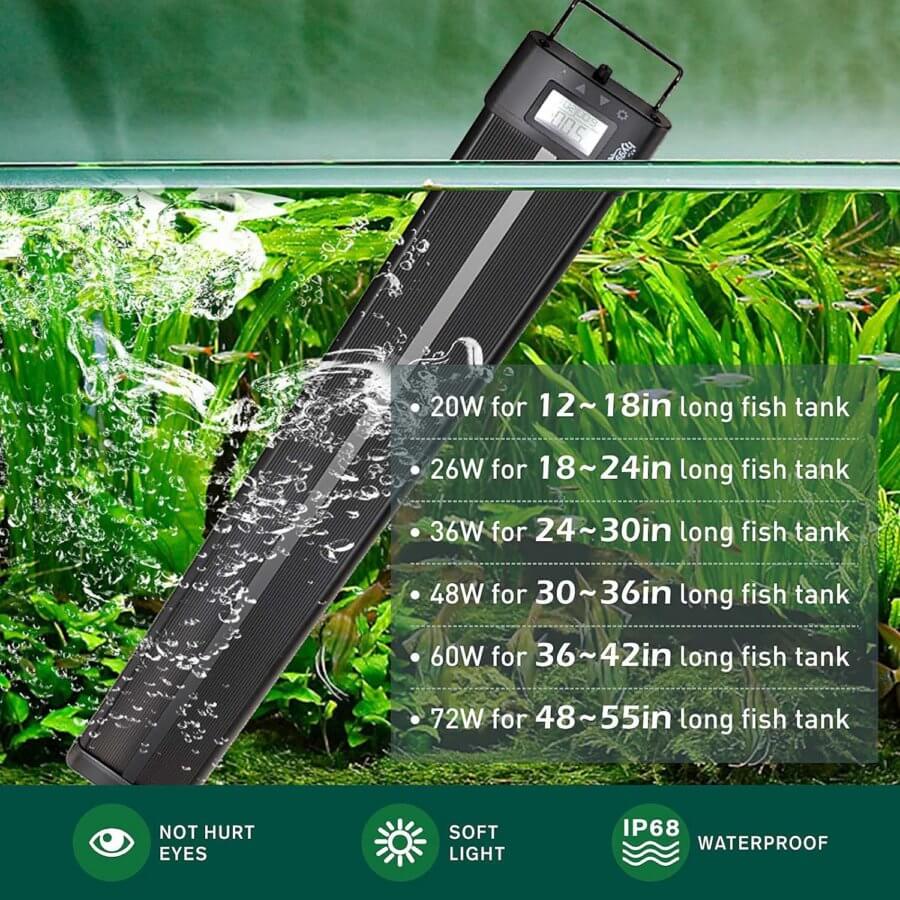 Hygger Aquarium Programmable LED Light specifications for different tank sizes and waterproof features.