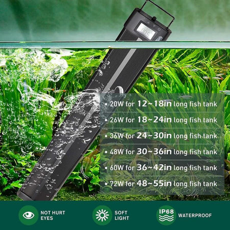 Hygger Aquarium Programmable LED Light specifications for different tank sizes and waterproof features.