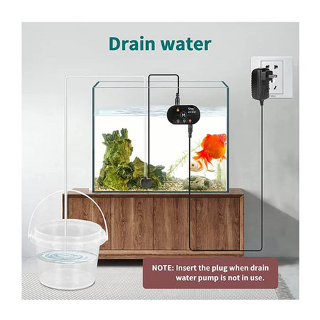Hygger Auto Top Off System showing aquarium setup for draining water with pump and bucket for efficient water management.
