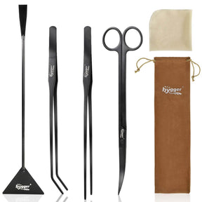 Hygger Black Stainless Steel Aqua Scaping Tool Set with cleaning cloth and storage bag for aquarium maintenance.