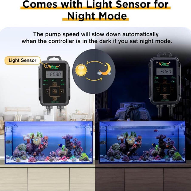 Hygger cross flow wave maker with light sensor for automatic night mode efficiency in aquariums.