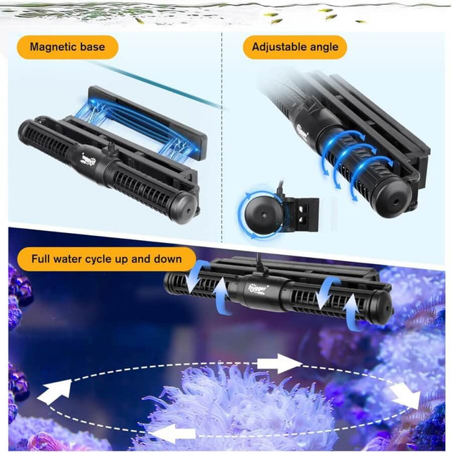 Hygger cross flow wave maker features magnetic base, adjustable angle, and full water cycle for aquariums.