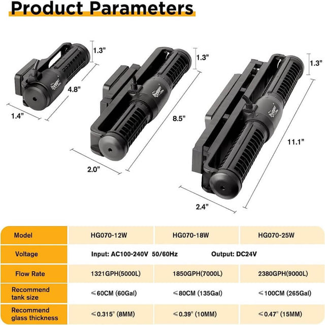 Hygger Cross Flow Wave Makers product dimensions and specifications for aquariums up to 1,000 liters.