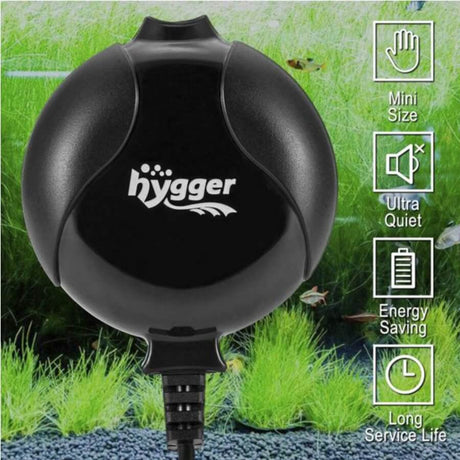 Hygger Mini Air Pump in black, showcasing features like ultra-quiet operation, energy saving, and compact design for aquariums.