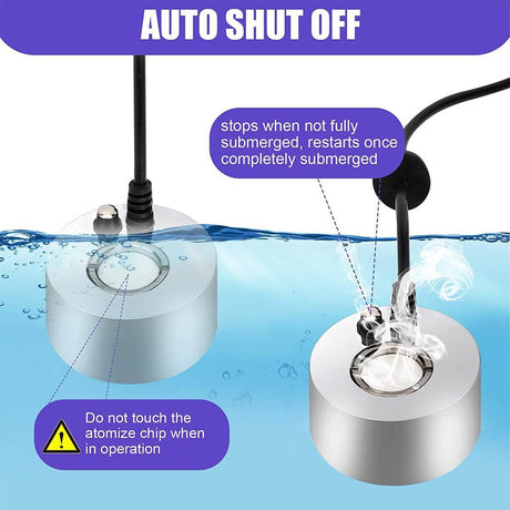 Hygger Ultrasonic Mist Maker with auto shut off feature shown submerged in water, demonstrating safe operation.