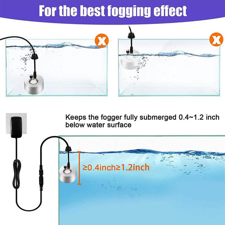 Hygger Ultrasonic Mist Maker setup guidelines showing fogger submerged at optimal depth for best fogging effect.