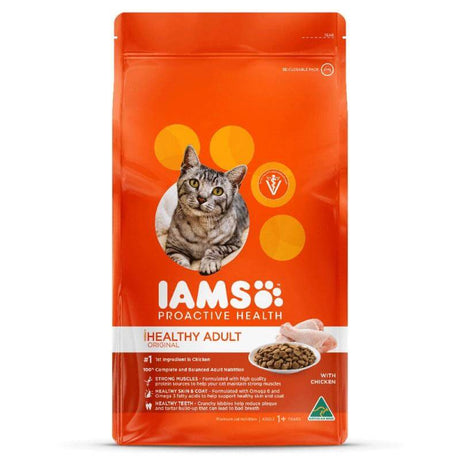 Iams Adult Chicken Cat Food 3kg bag, designed for healthy cats over 1 year, featuring chicken and balanced nutrition.