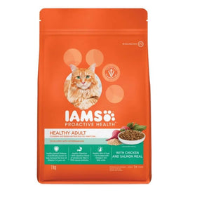 Iams Adult Cat Food 1kg bag featuring chicken and salmon, formulated for healthy digestion and muscle support.