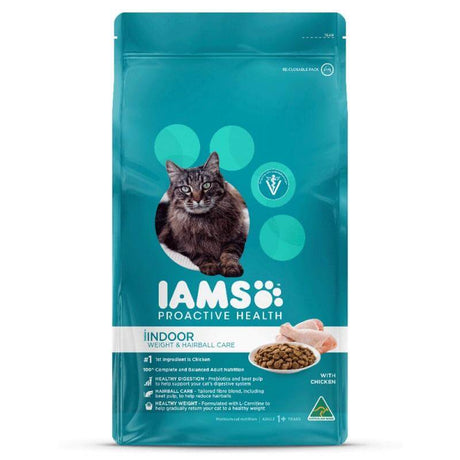 Iams Adult Hairball & Weight Control Cat Food 3kg bag featuring a cat and a bowl of kibble, designed for indoor cats.