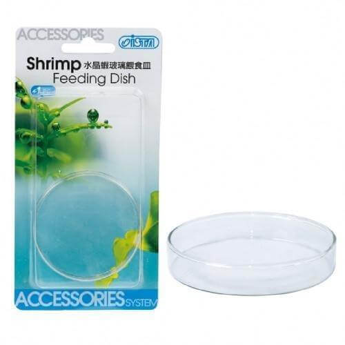 Ista Shrimp Feeding Dish in packaging, a clear glass tray designed for easy feeding of bottom-dwelling shrimp.