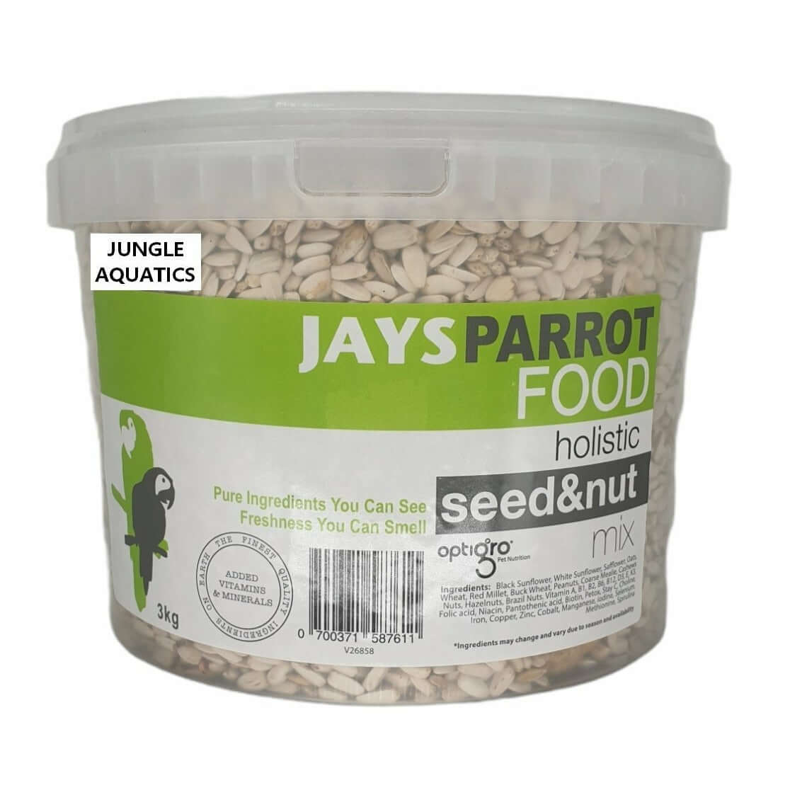 Jays Parrot Holistic Seed and Nut 3kg container showcasing pure ingredients, enriched with vitamins and minerals for all parrots.