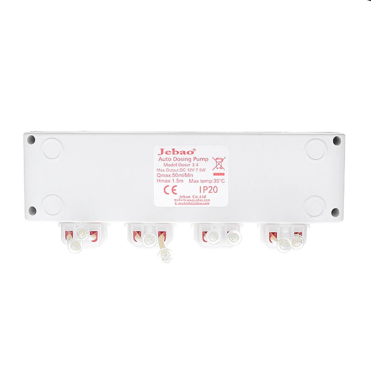 Jebao 3.4 WiFi dosing pump top view showing connectors and specifications for auto dosing functionality.